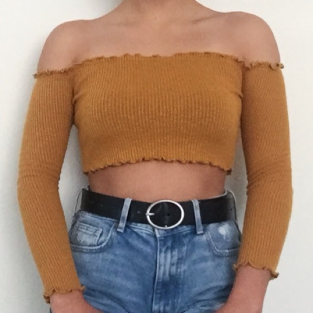 Burnt orange off the shoulder lettuce hem top